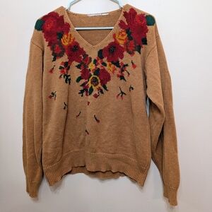 Floral Knit Women's Sweater - Tan and Red